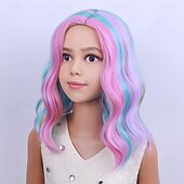 levne Párty paruky-Dětská duhová paruka krátká vlnitá barevná paruka vícebarevná paruky dívčí syntetické cosplay halloweenské kostýmní paruky