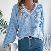 preiswerte Einfarbige Farben-Damen Pullover Lässig Farbblock Gerippt V Ausschnitt Patchwork Gestrickt Langarm Normale Oberteile Stricken Täglich Ferien Ausgehen Weiß Blau Herbst