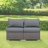 cheap Patio Cushions Cover-2-Piece Patio Armless Sofa Cover Set, Outdoor Sectional Sofa, All-Weather Grey PE Wicker Rattan Conversation Sofa, Outdoor Loveseat, Patio Seating for Balcony Garden Pool
