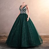 preiswerte Abendkleider-Ballkleid Abendkleid Elegantes Kleid Formale Promenade knöchellang ärmellos V-Ausschnitt Tüll mit Glitzer Pailletten