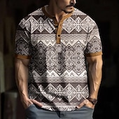 Men's Geometric Retro T Shirt Henley Shirt Short Sleeve Designer Retro Vintage Casual Street Casual Daily Summer Spring Khaki Henley Henley T-Shirt3