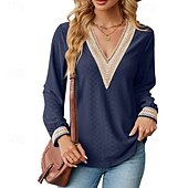 preiswerte Damen Einfache Oberteile-Damen Bluse Farbblock Modern Lässig Langarm V Ausschnitt Normale Oberteile Täglich Ferien Patchwork Gras-Grün Erröten Sie Rosa Schwarz Rosa Wein Sommer