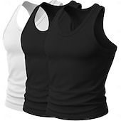 baratos Tops de ginásio-Homens Malha Íntima Camiseta Interior camisa sem manga camisa muscular Sem Manga Decote em U Profundo Scoop pescoço Decote em U Verão Côr Sólida Pit Strip Moda Designer Esportivo 3 Peças Estriado Puro