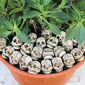 お買い得  ハロウィンの吊るし飾りとテーブルトップ装飾-花瓶に飾るハロウィーンのミニスカルヘッド、ミニチュアガーデン用の笑顔の樹脂製ゴーストスカルセット、テラリウムや鉢植えのディスプレイ用の不気味なハロウィーンプランター装飾