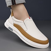 billige Sneakers til herrer-hvite slip-on-sneakers for menn med brune detaljer og komfortabel gummisåle – fritidssko for hverdagsbruk og helgetur