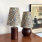 baratos abajur-Abajur redondo com estampa floral pastoral francesa tradicional, base de madeira maciça, 1 luminária de mesa para quarto