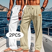 baratos Feriado-Homens Calças de linho Calças Calça verão Calças largas Calças de praia Com Cordão Cintura elástica Perna reta Tecido Conforto Respirável Comprimento total Ao ar livre Feriado Praia Férias Moda