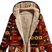 billige sherpa jakker-Dame Fleece-jakke Frakk Hettegenser Hold Varm Bekvem Glidelås Lomme Mote Moderne Fritid Geometrisk Ut på byen Helg Glidelås Normal Med hette Normal Langermet Yttertøy Vin Kakifarget Vinter