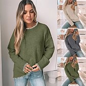 preiswerte Einfarbige Farben-Damen Pullover Lässig Weich Einfarbig Gerippt Rundhalsausschnitt Patchwork Gestrickt Langarm Normale Oberteile Stricken Outdoor Täglich Wochenende Grün Khaki Herbst Winter
