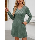 cheap Plain Dress-Women&#039;s Mini Dress A Line Dress Casual Daily Regular Fit Plain Long Sleeve V Neck Wine Light Brown Green Dark Gray Winter Autumn