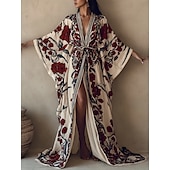 preiswerte Ausgefallene Kleider-Damen Langes Kleid Maxikleid Boho Kleid Urlaub Freizeitkleid Swing Kleid Mode Modern Alltag Urlaub Strand Regular Fit Blumen Langarm V-Ausschnitt Weinrot Marineblau Apricot Sommer Frühling
