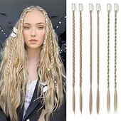abordables Clip dans les extensions-Lot de 6 extensions de cheveux tressés à clips pour femmes, postiches synthétiques tressés à clips de 14 pouces pour une soirée costumée quotidienne, blond moyen avec des reflets pâles