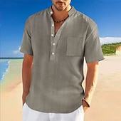 preiswerte Herren Popover Hemden-Herren Hemd Sommerhemd Freizeithemd Strandhemd Knopfhemd Schwarz Weiß Dunkelmarine Himmelblau Kaki Kurzarm Einfach Stehkragen Urlaub Hawaiianisch Tasche Bekleidung Polyester Mode Lässig Bequem