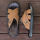 cheap Vacation Sandals-Men&#039;s Tan Faux Leather Slide Sandals Cross-Strap Open-Toe Design with Arch Support Great for Casual Summer Home and Street Style