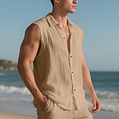 cheap Vacation-Men&#039;s Shirt Linen Shirt Casual Shirt Button Up Shirt Cotton Shirt Plain Vacation Street Black White Yellow Navy Blue Sleeveless Turndown Summer Clothing Apparel Buttons