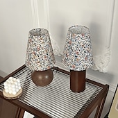 baratos abajur-Abajur redondo com estampa floral pastoral francesa tradicional, base de madeira maciça, 1 luminária de mesa para quarto