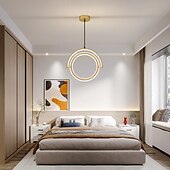 olcso Függőfények-gyűrűs medállámpa arany kivitelben, modern LED éjjeli lámpa, fém függesztékek, amelyek kompatibilisek hálószobával, étkezővel, konyhaszigettel, csillárlámpa stabilizálással