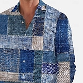 billige Geometrisk mønster-Herre Geometrisk Fargeblokk Lapper Skjorte Skjorte med knapper Langermet Fashion Casual utendørs Daglig Gateklær Vår Høst Aftæpning 3D-utskrift Front One Lomme Lin som skjorte Blå