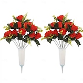 cheap Artificial Plants &amp; Flowers-Grave and Memorial Artificial Flowers, 12 Heads Peacock Rose Half Bouquet with Vase, Faux Silk Floral Arrangement for Cemetery Decoration and Outdoor Use