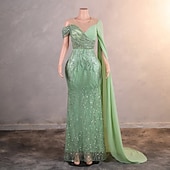 baratos Vestidos de Noite-Vestido Elegante Sereia  Trompete Formal Casamento Comprimento do Chão Sem Mangas Decote Redondo Chiffon com Pérolas Lantejoula
