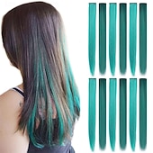 abordables Extensiones sintéticas-Extensiones de cabello sintético liso con clip de 21 pulgadas, resistentes al calor, para mujeres y niñas, con reflejos de fiesta multicolores, 12 unidades