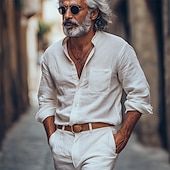 voordelige Straat-Voor heren Overhemd Linnen overhemd Overhemd met bandkraag Zomer overhemd Strand Kleding Overhemd met knopen Effen Vakantie Streetwear Zwart Wit Blauw Khaki Lange mouw Band Kraag Lente zomer Kleding