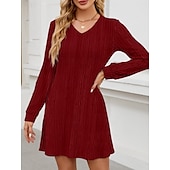 cheap Plain Dress-Women&#039;s Mini Dress A Line Dress Casual Daily Regular Fit Plain Long Sleeve V Neck Wine Light Brown Green Dark Gray Winter Autumn