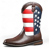 cheap Cowboy &amp; Western Boots-Men’s Brown Faux Leather Western Boots with American Flag Design – Durable Leather Boots for Outdoor Adventures, Country Events and Patriotic Celebrations