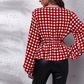 お買い得  女性用ストライプ＆ジオメトリックトップス-女性用 夏のトップス シフォントップス チェック 日常 スタイリッシュ ベーシック 長袖 ランタンスリーブ Ｖネック レギュラートップス ワーク 日常 祝日 プリント ルビーレッド 春 秋