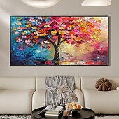 abordables Peintures fleurs/botaniques-Peinture à l&#039;huile d&#039;arbre colorée originale faite à la main sur toile, art mural abstrait de paysage d&#039;arbre pour la décoration intérieure avec cadre tendu sans cadre intérieur