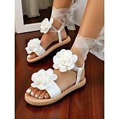 economico Casuale-sandali piatti con lacci e fiori bianchi da donna, stile casual da sposa, scarpe da sposa da spiaggia con cinturini a nastro e dettagli floreali