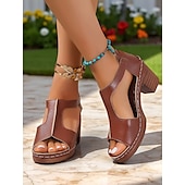 economico Sandali Casual-sandali da donna con tacco a blocco retrò e ritagli – comode scarpe aperte in similpelle nera con suola spessa per mercati del fine settimana, cene all&#039;aperto e feste in giardino