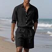 abordables Ensembles t-shirts-Homme Ensembles T-shirt Tenues 2 pièces Ensemble Short manche longue Revers Été Uni Mode Occasionnel 2 pièces Vacances Tenue quotidienne Sortir Noir Blanche Kaki T-shirt haut de gamme pour homme