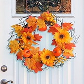 رخيصةأون عيد الشكر &amp; الخريف-إكليل الخريف للباب الأمامي، عيد الشكر، حصاد الخريف، ديكور داخلي وخارجي، الهالوين، إكليل التوت واليقطين وأوراق القيقب، ديكور منزلي