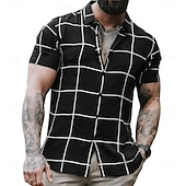 preiswerte Geometrische Muster-Herren Geometrisch Karo / Karomuster Hemd Sommerhemd Knopfhemd Kurzarm Modisch lässig Outdoor Urlaub Alltagskleidung Sommer Frühling Umlegekragen 3D-Druck Hemden mit Kragen Schwarz
