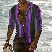 economico camicie casual da uomo-Per uomo Camicia Camicia Estiva Camicia casual Camicia da Spiaggia Camicia con Bottoni Verde chiaro Rosa Rosso Viola Verde Manica Lunga A righe Bavero Vacanza Camicia hawaiana Abbigliamento Poliestere