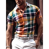 Men's Plaid Polo Shirts Golf Shirt Short Sleeve Polo Shirts Collared Shirts Casual Vacation Wear Formal Wear Festival Wear Buttons 3D Print Yellow Red Green4