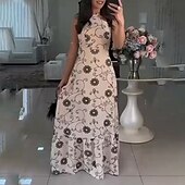 levne Elegantní květinové šaty-Dámské Dlouhé šaty Maxi šaty Květinové šaty Šaty s ohlávkou ke krku Šaty s potiskem Módní Klasické Moderní Venkovní Dovolená Denní Běžný Květiny Bez rukávů Krk ohlávky Vodní modrá Trávová zelen