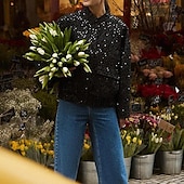 abordables Chaquetas de cuero sintético-Mujer Abrigo de invierno Cómodo Bolsillo Lentejuela Moda Plano Exterior Noche Botonadura Simple Regular Escote Chino Ajuste regular Manga Larga Ropa de calle Negro Dorado Otoño Invierno