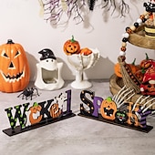 tanie Dekoracje wiszące i na stół na Halloween-dekoracja na halloween z drewnianym środkiem, upiorny drewniany stojak na litery do ekspozycji na stole halloweenowym, dekoracja na imprezę w nawiedzonym domu DIY