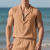 cheap Vacation-Men&#039;s Shirt Linen Shirt Casual Shirt Button Up Shirt Cotton Shirt Plain Vacation Street Black White Yellow Navy Blue Sleeveless Turndown Summer Clothing Apparel Buttons