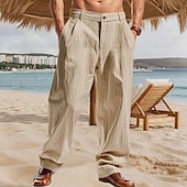 preiswerte Urlaub-Herren Leinenhosen Hose Sommerhose Gerader Schnitt Gestreift Komfort Atmungsaktiv Volle Länge Party Geschäft Strand Urlaub Mode Schwarz Weiß