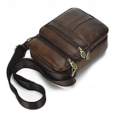 cheap Men&#039;s Bags-Men’s Brown Leather Crossbody Bag with Multiple Zipper Pockets and Adjustable Strap, Vintage Small Shoulder Bag for Travel, Work and Daily Use