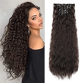 abordables Clip dans les extensions-Extensions de cheveux à clipser 6 pièces 24 extensions de cheveux noirs longues vagues sirène ondulées synthétiques à clipser postiche pour femmes