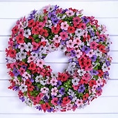 cheap Artificial Plants &amp; Flowers-Artificial Eucalyptus and Violet Wreath for Front Door, Faux Greenery Floral Wreath for Home Decor, Wall Hanging and Holiday Decorations