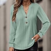 abordables Hauts Unis pour Femmes-Femmes Chemisier Uni Moderne Occasionnel manche longue Col en V Hauts Réguliers Quotidien Fête Sortir Boutons Noir Blanche Rose Claire Vert Kaki Automne