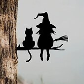 baratos Decoração ao ar livre-Decoração de jardim de Halloween com silhueta de metal, bruxa fofa e gato, estaca de jardim de metal à prova d'água, decoração de arte de jardim ao ar livre de Halloween