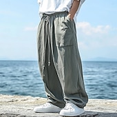 economico Vacanza-Per uomo Pantaloni di Lino Pantaloni Pantaloni Estivi Elastico in vita Coulisse Gamba Dritta Semplice Comodità Traspirante Lunghezza intera All&#039;aperto Casuale Quotidiano Moda Stile Classico Nero Blu