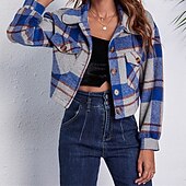 preiswerte Blazer &amp; Anzüge-Damen Hemdjacke Warm Bequem Tasche Mode Outdoor Karomuster Ausgehen Wochenende Kurz Umlegekragen Normale Passform Langarm Oberbekleidung Grau Herbst Winter
