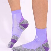 abordables Calcetines deportivos-1 par de calcetines de senderismo para hombre, calcetines deportivos transpirables, antiampollas, que absorben el sudor, antibacterianos, para exteriores, de un cuarto de tripulación, de algodón, con parches, violeta, negro y blanco, para esquí, snowboard